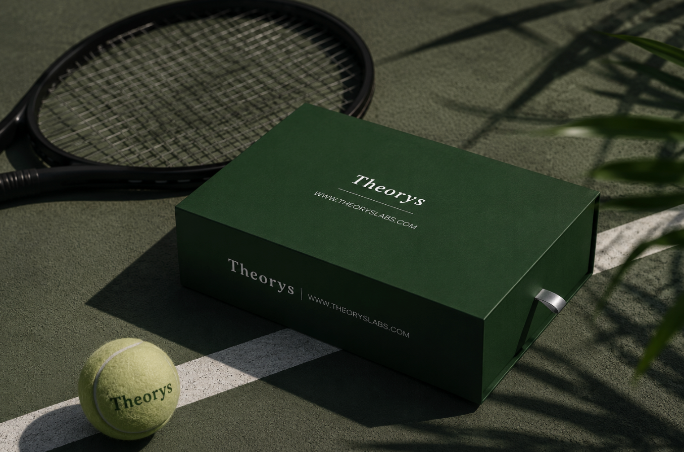A forest-green Theorys shipping box with a silver clasp resting on a tennis court, beside a racket and a Theorys-branded tennis ball.